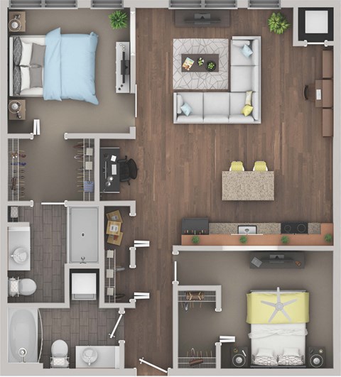 Floor plan for 2 beds, 2 baths, 980 sqft